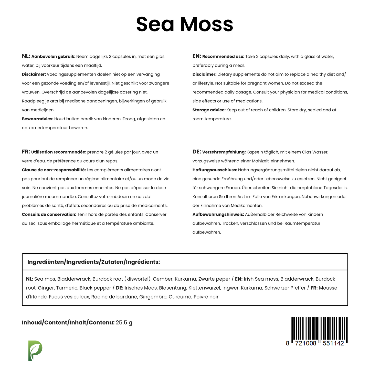 Sea Moss – Irish sea moss met kurkuma, zwarte peper en gember – 60 capsules