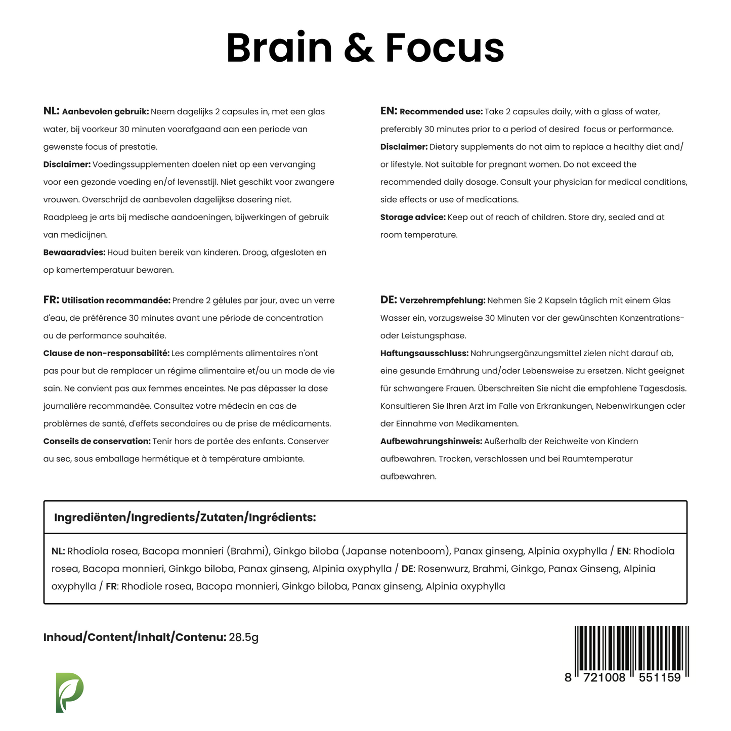 Brain & Focus - Nootropics β ConcentraBepillen voor studeren en werk β 60 capsules